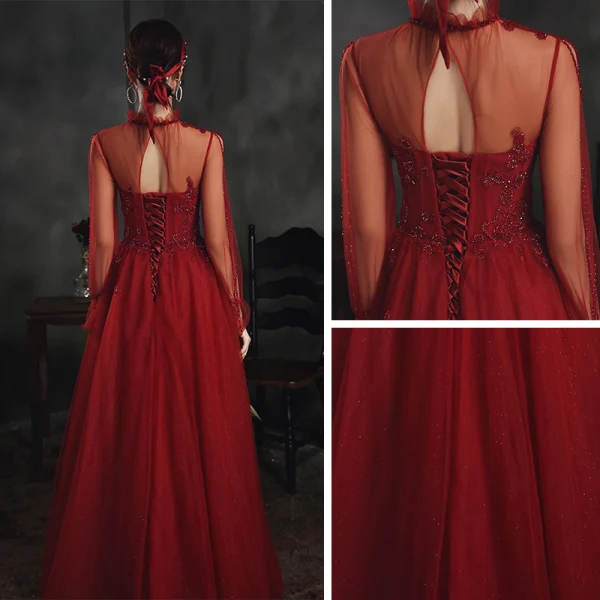 Vintage / Retro Burgundy Dancing Prom Dresses 2020 A-Line / Princess See-through High Neck Long Sleeve Beading Floor-Length / Long Ruffle Backless Formal Dresses