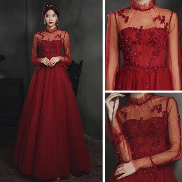 Vintage / Retro Burgundy Dancing Prom Dresses 2020 A-Line / Princess See-through High Neck Long Sleeve Beading Floor-Length / Long Ruffle Backless Formal Dresses