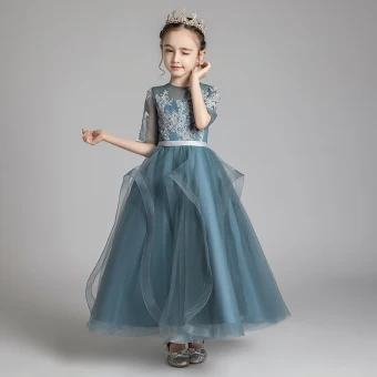 Chic Belle Bleu D Encre Transparentes Robe Ceremonie Fille 2020 Princesse Encolure Dégagée 1 2 Manches Ceinture Appliques En Dentelle Perlage Longue Volants Robe Pour Mariage