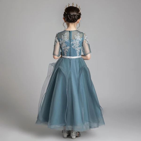 Chic / Beautiful Ink Blue See-through Flower Girl Dresses 2020 A-Line / Princess Scoop Neck 1/2 Sleeves Sash Appliques Lace Beading Floor-Length / Long Ruffle Wedding Party Dresses
