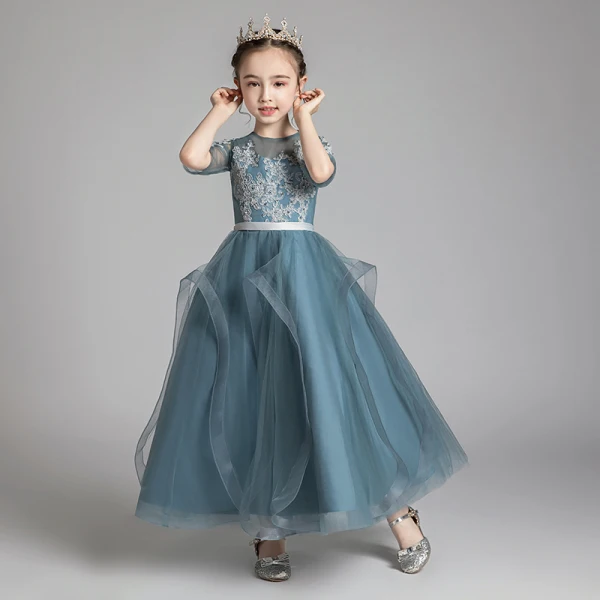 Chic / Beautiful Ink Blue See-through Flower Girl Dresses 2020 A-Line / Princess Scoop Neck 1/2 Sleeves Sash Appliques Lace Beading Floor-Length / Long Ruffle Wedding Party Dresses