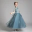 Chic / Beautiful Ink Blue See-through Flower Girl Dresses 2020 A-Line / Princess Scoop Neck 1/2 Sleeves Sash Appliques Lace Beading Floor-Length / Long Ruffle Wedding Party Dresses