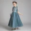Chic / Beautiful Ink Blue See-through Flower Girl Dresses 2020 A-Line / Princess Scoop Neck 1/2 Sleeves Sash Appliques Lace Beading Floor-Length / Long Ruffle Wedding Party Dresses