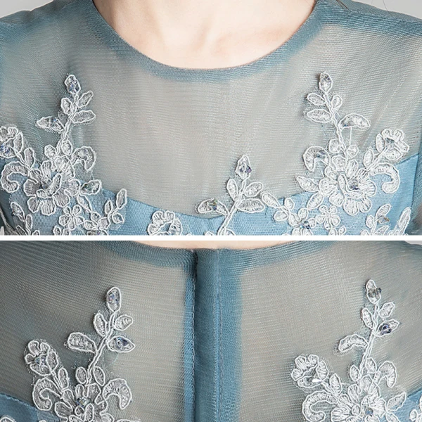 Chic / Beautiful Ink Blue See-through Flower Girl Dresses 2020 A-Line / Princess Scoop Neck 1/2 Sleeves Sash Appliques Lace Beading Floor-Length / Long Ruffle Wedding Party Dresses