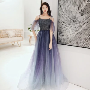 Elegant Mørk Marineblå Gradient Farge Dancing Ballkjoler 2020 Prinsesse Spaghettistropper Korte Ermer Beading Glitter Tyll Lange Buste Ryggløse Formelle Kjoler