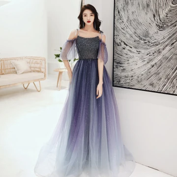 Elegant Navy Blue Gradient Color Dancing Prom Dresses 2020 A Line Princess Spaghetti Straps Short Sleeve Beading Glitter Tulle Floor Length Long Ruffle Backless Formal Dresses