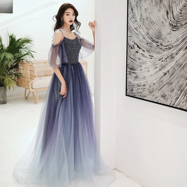 Élégant Bleu Marine Dégradé De Couleur Dansant Robe De Bal 2020 Princesse Bretelles Spaghetti Manches Courtes Perlage Glitter Tulle Longue Volants Dos Nu Robe De Ceremonie