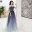 Élégant Bleu Marine Dégradé De Couleur Dansant Robe De Bal 2020 Princesse Bretelles Spaghetti Manches Courtes Perlage Glitter Tulle Longue Volants Dos Nu Robe De Ceremonie