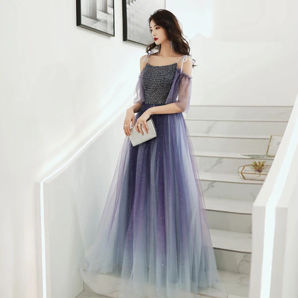 Élégant Bleu Marine Dégradé De Couleur Dansant Robe De Bal 2020 Princesse Bretelles Spaghetti Manches Courtes Perlage Glitter Tulle Longue Volants Dos Nu Robe De Ceremonie