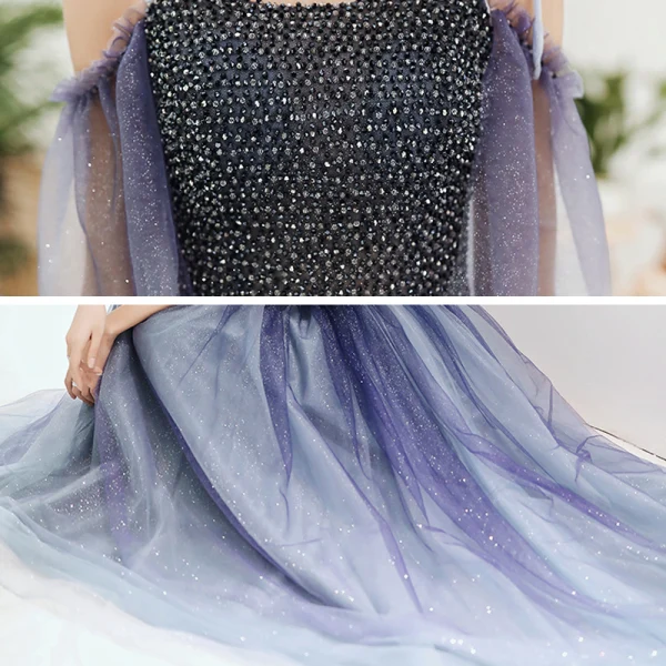 Élégant Bleu Marine Dégradé De Couleur Dansant Robe De Bal 2020 Princesse Bretelles Spaghetti Manches Courtes Perlage Glitter Tulle Longue Volants Dos Nu Robe De Ceremonie