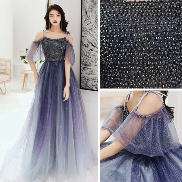 Élégant Bleu Marine Dégradé De Couleur Dansant Robe De Bal 2020 Princesse Bretelles Spaghetti Manches Courtes Perlage Glitter Tulle Longue Volants Dos Nu Robe De Ceremonie