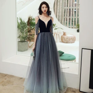 Sexy Svart Gradient Farge Dancing Ballkjoler 2020 Prinsesse Spaghettistropper Korte Ermer Beading Dusk Glitter Tyll Lange Buste Ryggløse Formelle Kjoler