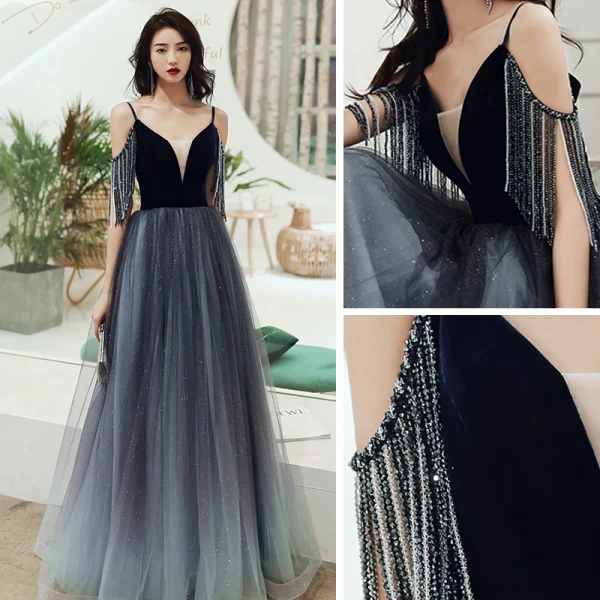 Sexy Noire Dégradé De Couleur Dansant Robe De Bal 2020 Princesse Bretelles Spaghetti Manches Courtes Perlage Gland Glitter Tulle Longue Volants Dos Nu Robe De Ceremonie