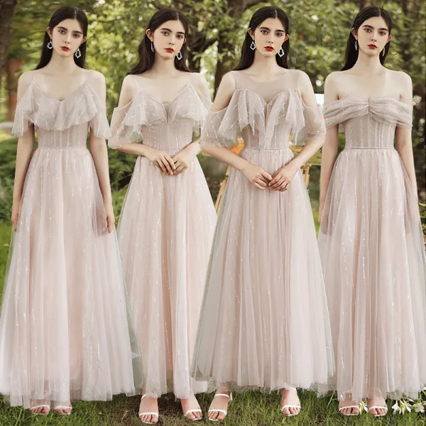 Affordable Blushing Pink Bridesmaid Dresses 2020 A-Line / Princess Short Sleeve Backless Sequins Glitter Tulle Floor-Length / Long Ruffle