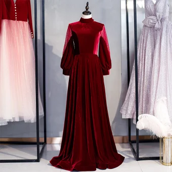 Vintage Originale Simple Bordeaux Velour Hiver Robe De Soirée 2020 Princesse Col Haut Gonflée Manches Longues Longue Volants Dos Nu Robe De Ceremonie