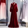Vintage / Retro Modest / Simple Burgundy Velour Winter Evening Dresses  2020 A-Line / Princess High Neck Puffy Long Sleeve Floor-Length / Long Ruffle Backless Formal Dresses