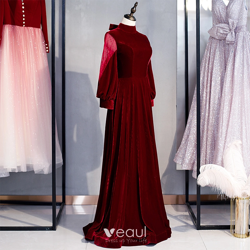 Long Sleeve Red Velvet Dress Women Elegant Luxury Stitching V-neck