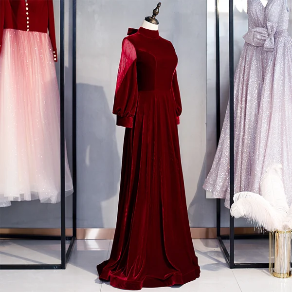 Vintage / Retro Modest / Simple Burgundy Velour Winter Evening Dresses 2020 A-Line / Princess High Neck Puffy Long Sleeve Floor-Length / Long Ruffle Vintage / Retro Modest / Simple Burgundy Velour Winter Evening Dresses 2020 A-Line / Princess High Neck Puffy Long Sleeve Floor-Length / Long Ruffle