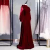 Vintage Proste / Simple Burgund Welur Zima Sukienki Wieczorowe 2020 Princessa Wysokiej Szyi Bufiasta Długie Rękawy Długie Wzburzyć Bez Pleców Sukienki Wizytowe