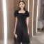 Fashion Black Lace Homecoming Graduation Dresses 2020 A-Line / Princess Square Neckline Puffy Short Sleeve Tea-length Backless Formal Dresses