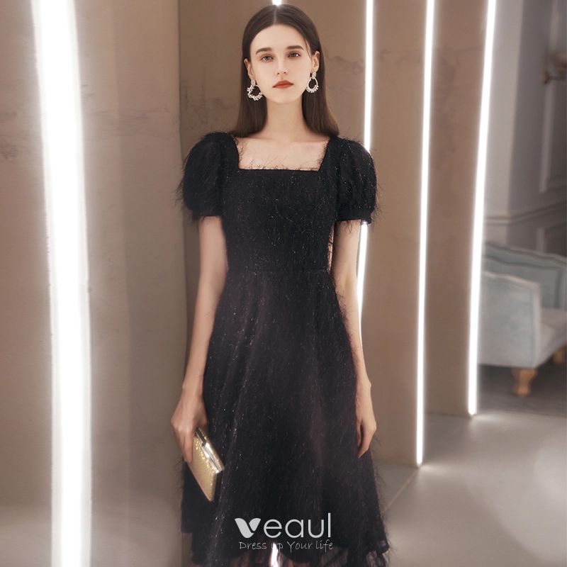 Fashion Black Lace Homecoming Graduation Dresses 2020 A-Line / Princess Square Neckline Puffy Short Sleeve Tea-length Backless Formal Dresses Fashion Black Lace Homecoming Graduation Dresses 2020 A-Line / Princess Square Neckline Puffy Short Sleeve Tea-length Backless Formal Dresses
