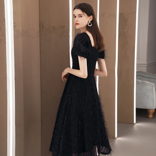Fashion Black Lace Homecoming Graduation Dresses 2020 A-Line / Princess Square Neckline Puffy Short Sleeve Tea-length Backless Formal Dresses