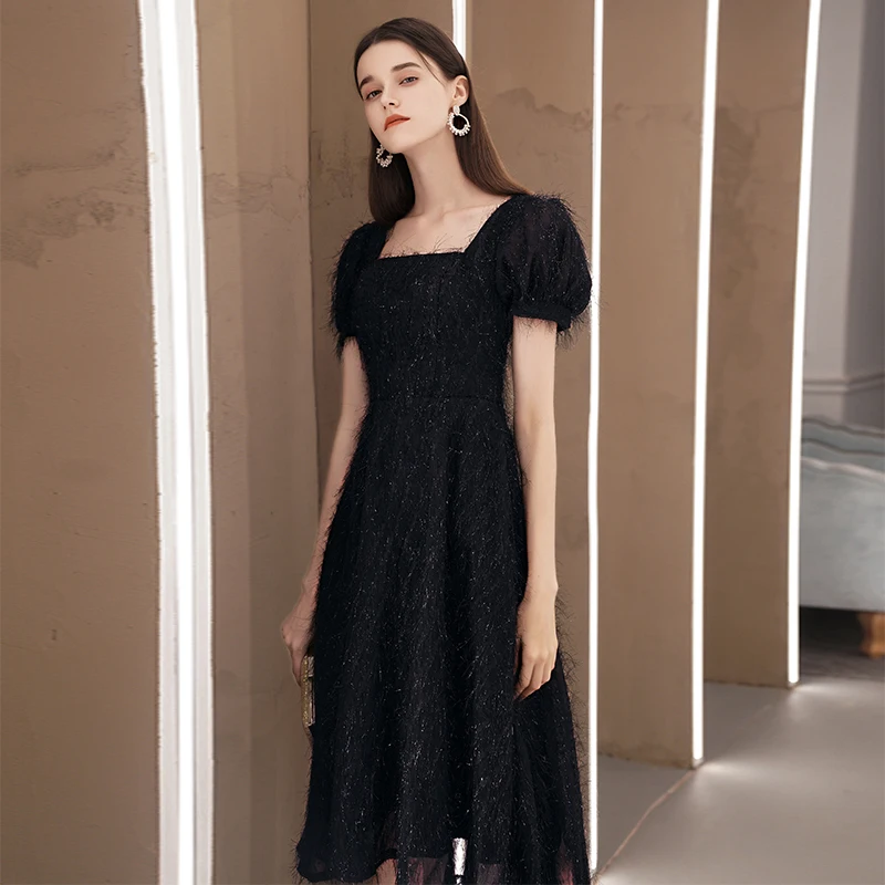 Fashion Black Lace Homecoming Graduation Dresses 2020 A Line Princess  Square Neckline Puffy Short Sleeve Tea Length Backless Formal Dresses