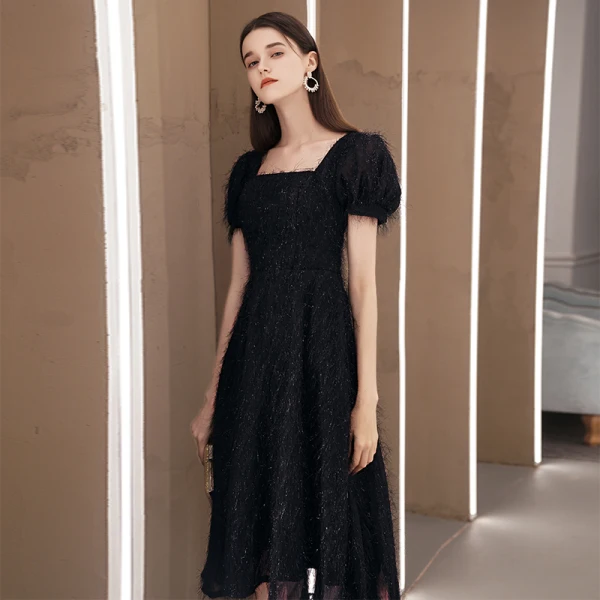 Fashion Black Lace Homecoming Graduation Dresses 2020 A-Line / Princess Square Neckline Puffy Short Sleeve Tea-length Backless Formal Dresses