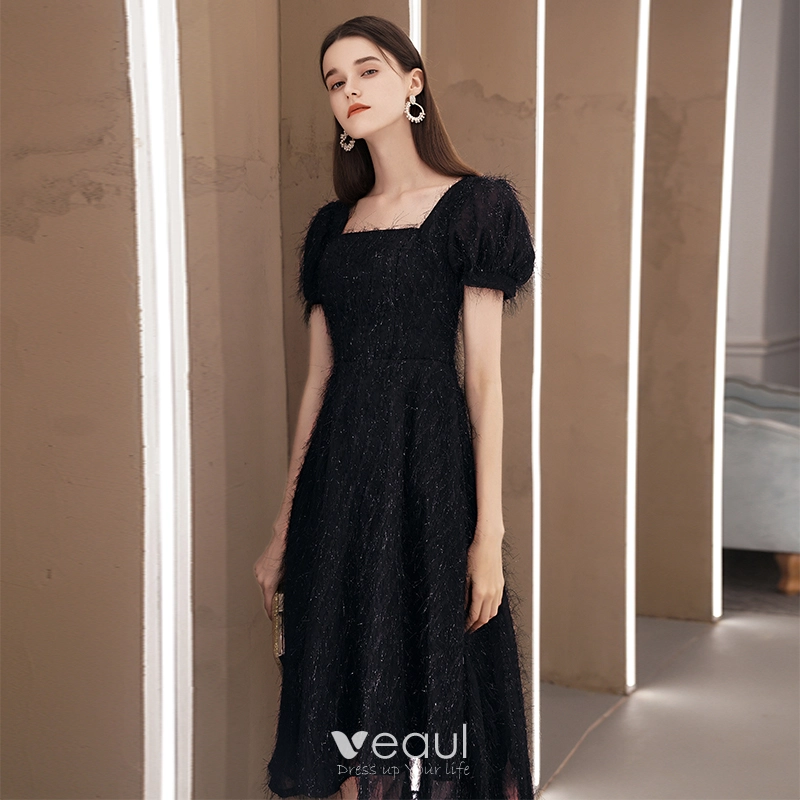 Fashion Black Lace Homecoming Graduation Dresses 2020 A-Line / Princess Square Neckline Puffy Short Sleeve Tea-length Backless Formal Dresses Fashion Black Lace Homecoming Graduation Dresses 2020 A-Line / Princess Square Neckline Puffy Short Sleeve Tea-length Backless Formal Dresses