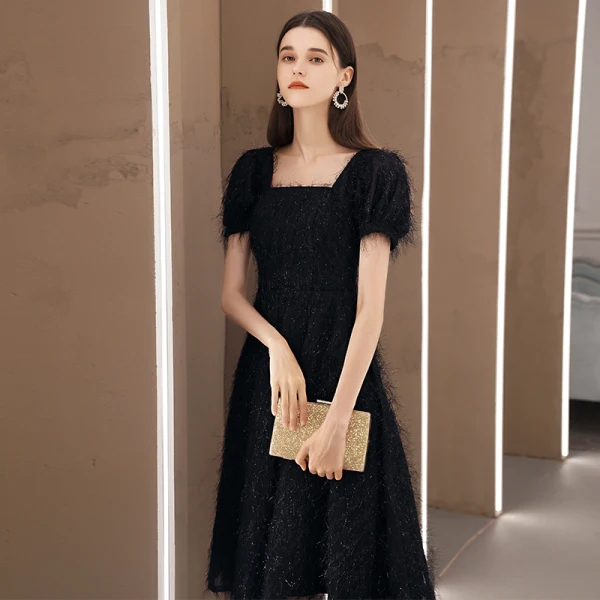 Fashion Black Lace Homecoming Graduation Dresses 2020 A-Line / Princess Square Neckline Puffy Short Sleeve Tea-length Backless Formal Dresses