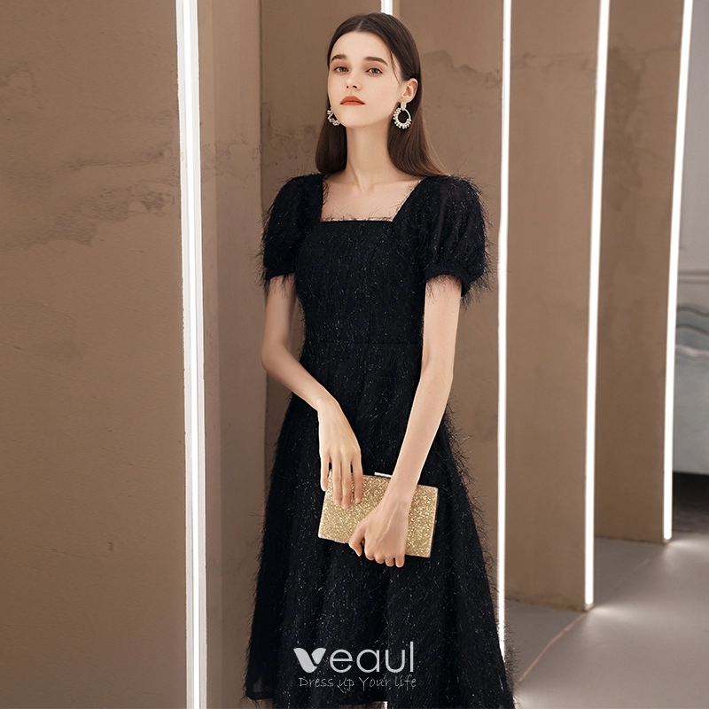 Fashion Black Lace Homecoming Graduation Dresses 2020 A Line Princess  Square Neckline Puffy Short Sleeve Tea Length Backless Formal Dresses
