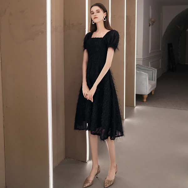Fashion Black Lace Homecoming Graduation Dresses 2020 A-Line / Princess Square Neckline Puffy Short Sleeve Tea-length Backless Formal Dresses