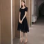 Fashion Black Lace Homecoming Graduation Dresses 2020 A-Line / Princess Square Neckline Puffy Short Sleeve Tea-length Backless Formal Dresses