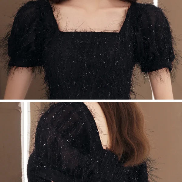 Fashion Black Lace Homecoming Graduation Dresses 2020 A-Line / Princess Square Neckline Puffy Short Sleeve Tea-length Backless Formal Dresses