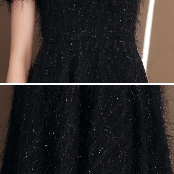 Fashion Black Lace Homecoming Graduation Dresses 2020 A-Line / Princess Square Neckline Puffy Short Sleeve Tea-length Backless Formal Dresses