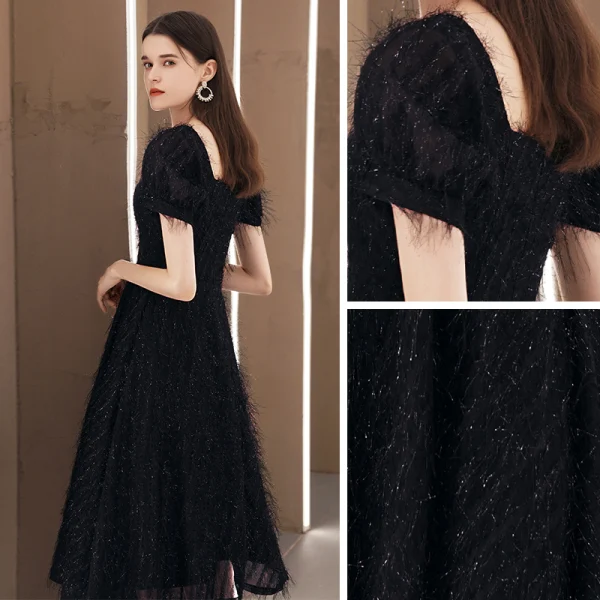 Fashion Black Lace Homecoming Graduation Dresses 2020 A-Line / Princess Square Neckline Puffy Short Sleeve Tea-length Backless Formal Dresses