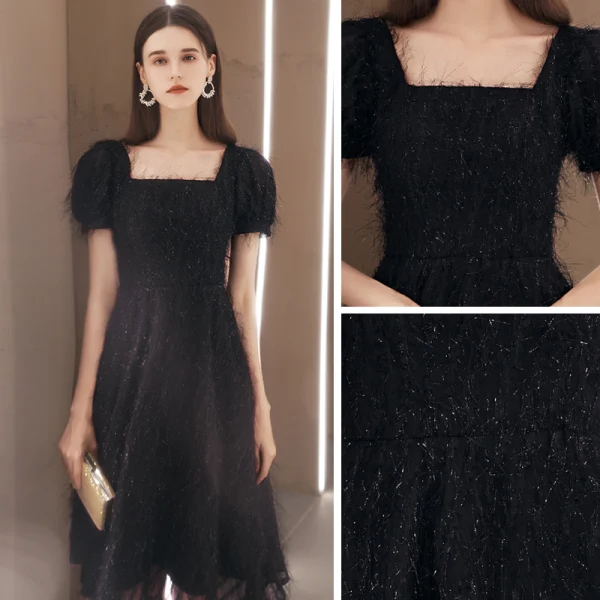Fashion Black Lace Homecoming Graduation Dresses 2020 A-Line / Princess Square Neckline Puffy Short Sleeve Tea-length Backless Formal Dresses