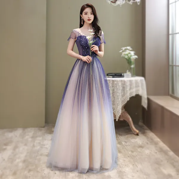 Chic / Beautiful Royal Blue Gradient-Color Prom Dresses 2020 A-Line / Princess Scoop Neck Short Sleeve Beading Glitter Tulle Floor-Length / Long Ruffle Backless Formal Dresses