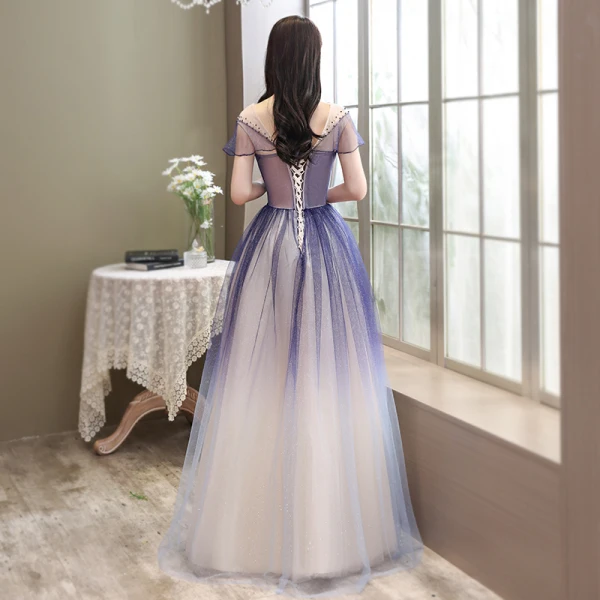 Chic / Beautiful Royal Blue Gradient-Color Prom Dresses 2020 A-Line / Princess Scoop Neck Short Sleeve Beading Glitter Tulle Floor-Length / Long Ruffle Backless Formal Dresses