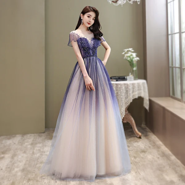 Chic / Beautiful Royal Blue Gradient-Color Prom Dresses 2020 A-Line / Princess Scoop Neck Short Sleeve Beading Glitter Tulle Floor-Length / Long