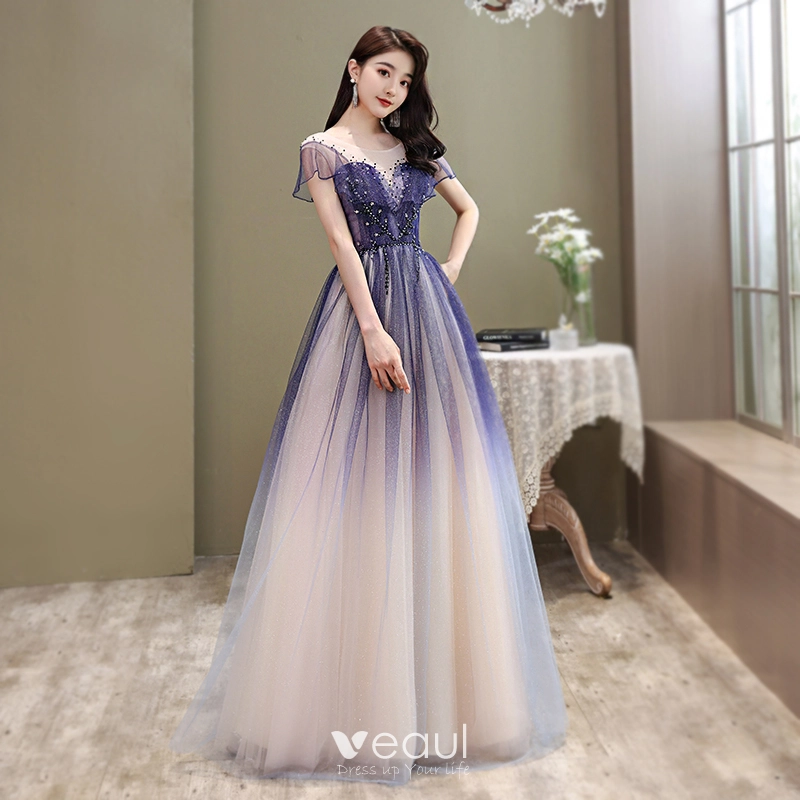 Chic / Beautiful Royal Blue Gradient-Color Prom Dresses 2020 A-Line / Princess Scoop Neck Short Sleeve Beading Glitter Tulle Floor-Length / Long