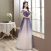 Chic / Beautiful Royal Blue Gradient-Color Prom Dresses 2020 A-Line / Princess Scoop Neck Short Sleeve Beading Glitter Tulle Floor-Length / Long Ruffle Backless Formal Dresses
