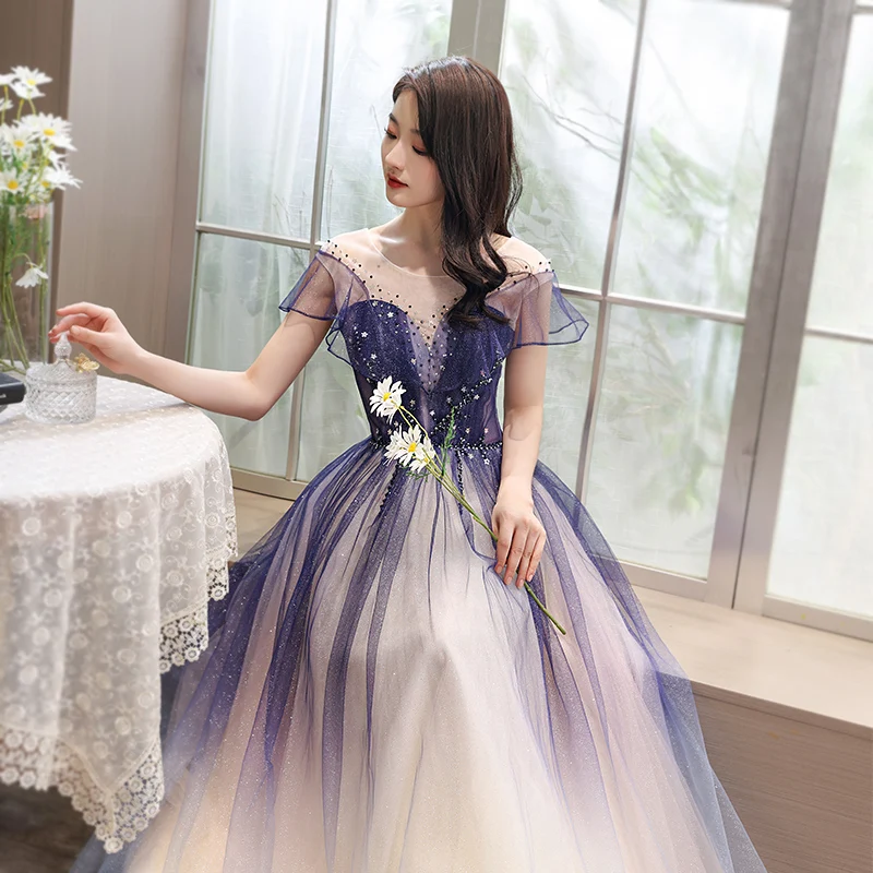 Chic Beautiful Royal Blue Gradient Color Prom Dresses 2020 A Line Princess Scoop Neck Short Sleeve Beading Glitter Tulle Floor Length Long Ruffle Backless Formal Dresses Chic Beautiful Royal Blue Gradient Color Prom Dresses 2020 A Line Princess Scoop Neck Short Sleeve Beading Glitter Tulle Floor Length Long Ruffle Backless Formal Dresses