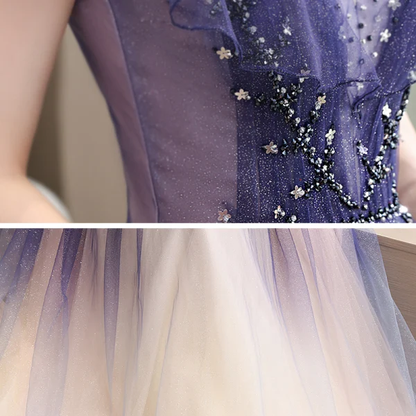 Chic / Beautiful Royal Blue Gradient-Color Prom Dresses 2020 A-Line / Princess Scoop Neck Short Sleeve Beading Glitter Tulle Floor-Length / Long Ruffle Backless Formal Dresses