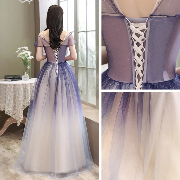 Chic / Beautiful Royal Blue Gradient-Color Prom Dresses 2020 A-Line / Princess Scoop Neck Short Sleeve Beading Glitter Tulle Floor-Length / Long Ruffle Backless Formal Dresses