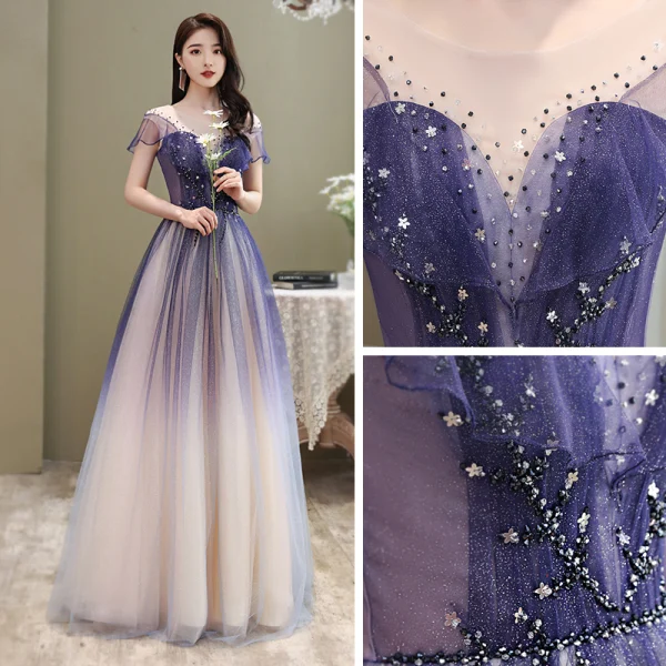 Chic / Beautiful Royal Blue Gradient-Color Prom Dresses 2020 A-Line / Princess Scoop Neck Short Sleeve Beading Glitter Tulle Floor-Length / Long Ruffle Backless Formal Dresses