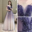 Chic / Beautiful Royal Blue Gradient-Color Prom Dresses 2020 A-Line / Princess Scoop Neck Short Sleeve Beading Glitter Tulle Floor-Length / Long Ruffle Backless Formal Dresses