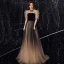 Vintage / Originale Noire Dégradé De Couleur Robe De Soirée 2020 Princesse Transparentes Col Haut Gonflée 1/2 Manches Perlage Glitter Tulle Train De Balayage Volants Dos Nu Robe De Ceremonie