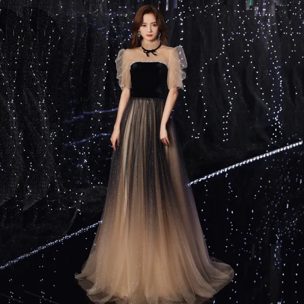 Vintage / Retro Black Gradient-Color Evening Dresses  2020 A-Line / Princess See-through High Neck Puffy 1/2 Sleeves Beading Glitter Tulle Sweep Train Ruffle Backless Formal Dresses