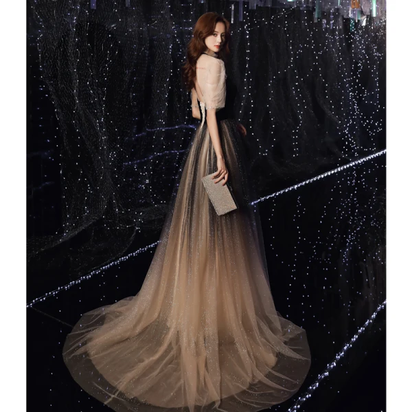 Vintage / Originale Noire Dégradé De Couleur Robe De Soirée 2020 Princesse Transparentes Col Haut Gonflée 1/2 Manches Perlage Glitter Tulle Train De Balayage Volants Dos Nu Robe De Ceremonie